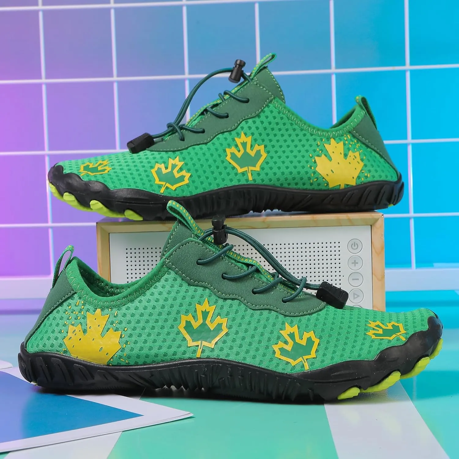 Hike Barefoot Shoes Women Wide Toe Box Mens Grounded Footwear Maple Leaf Print Non-Slip Water Shoe Lightweight Sneakers for Hiking Running Swimming Fishing Couple Athletic Runing Breathable Sneaker