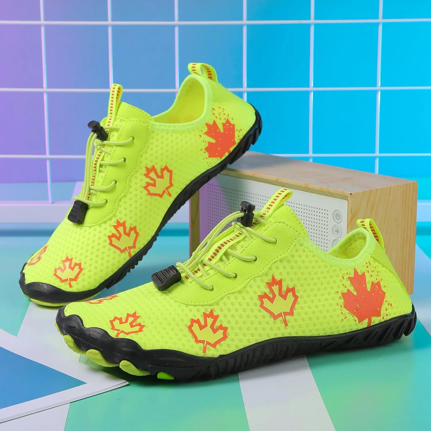Hike Barefoot Shoes Women Wide Toe Box Mens Grounded Footwear Maple Leaf Print Non-Slip Water Shoe Lightweight Sneakers for Hiking Running Swimming Fishing Couple Athletic Runing Breathable Sneaker