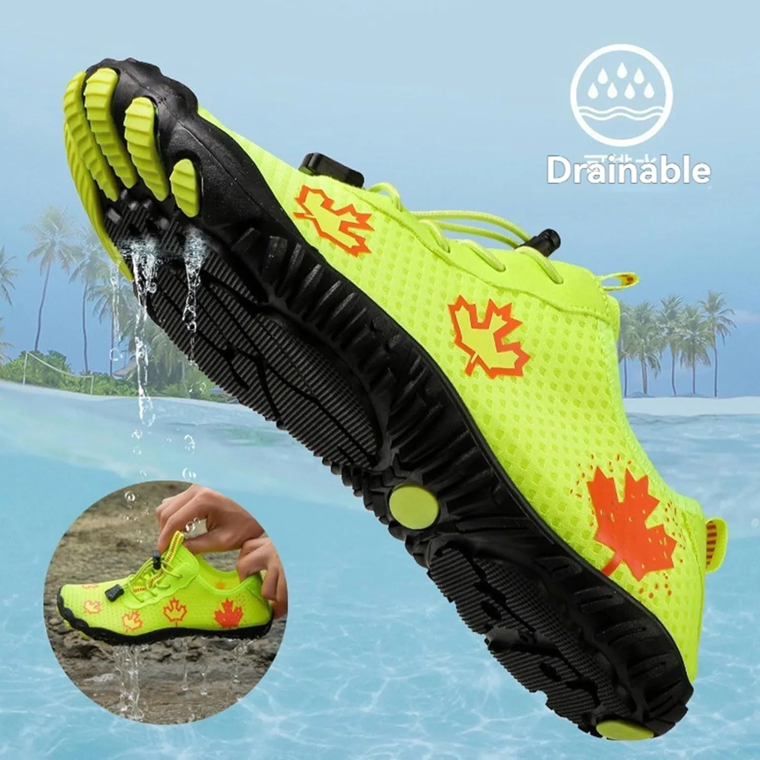 Hike Barefoot Shoes Women Wide Toe Box Mens Grounded Footwear Maple Leaf Print Non-Slip Water Shoe Lightweight Sneakers for Hiking Running Swimming Fishing Couple Athletic Runing Breathable Sneaker