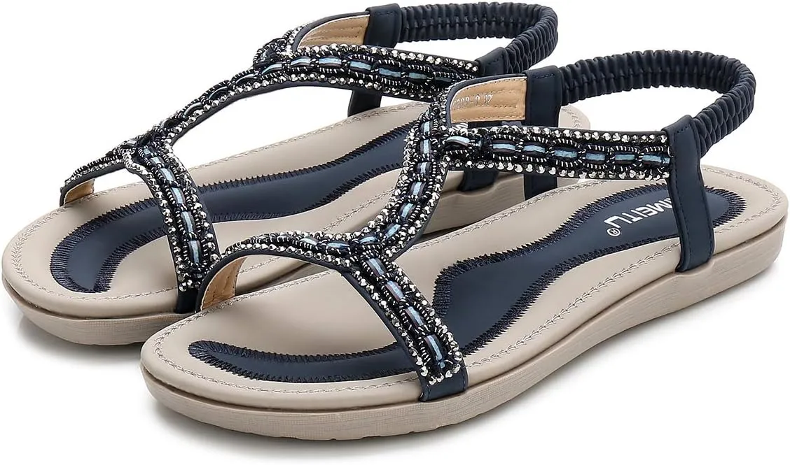 HNGHOU Women's Summer Sandals Casual Comfortable Bohemia Beach Flat Sandals Open Toe Ankle Crystal Gladiator Shoes