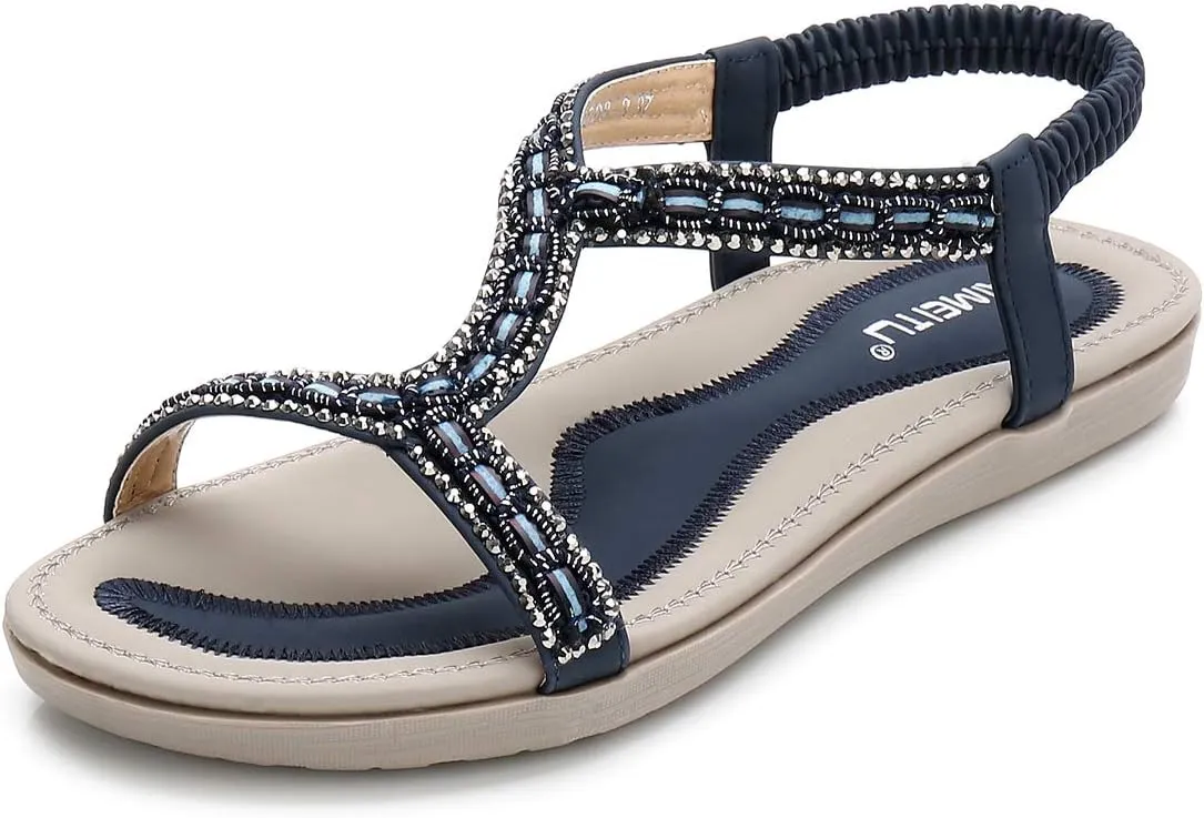 HNGHOU Women's Summer Sandals Casual Comfortable Bohemia Beach Flat Sandals Open Toe Ankle Crystal Gladiator Shoes