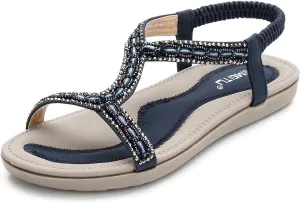 HNGHOU Women's Summer Sandals Casual Comfortable Bohemia Beach Flat Sandals Open Toe Ankle Crystal Gladiator Shoes