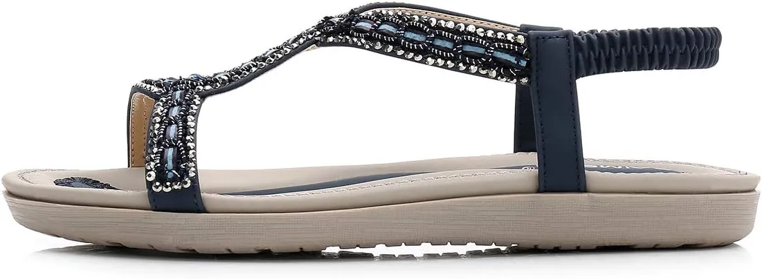 HNGHOU Women's Summer Sandals Casual Comfortable Bohemia Beach Flat Sandals Open Toe Ankle Crystal Gladiator Shoes