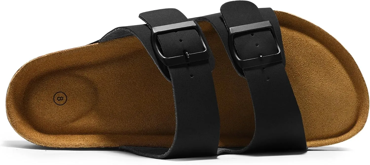 HOMETRUE Mens Sandals Cork Footed Flat Mens Slides Sandals Adjustable Buckle Straps Durable Sandals for Men
