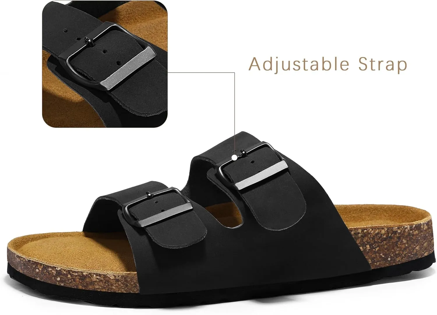 HOMETRUE Mens Sandals Cork Footed Flat Mens Slides Sandals Adjustable Buckle Straps Durable Sandals for Men