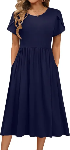HOTOUCH Women's Summer Short Sleeve A-Line Midi Dresses Casual Floral T-Shirt Dress Flowy Beach Sundress with Pockets
