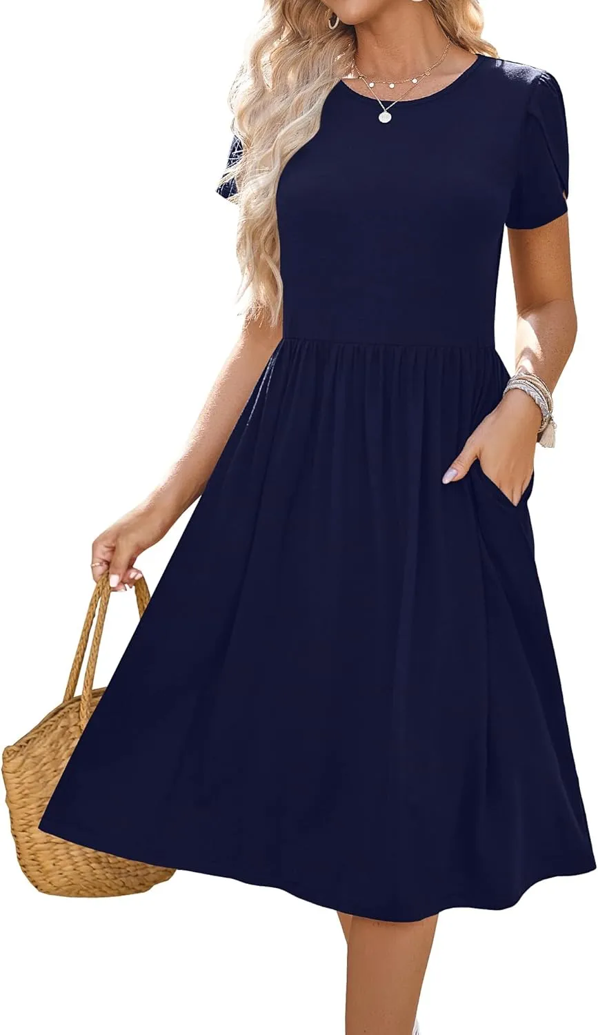 HOTOUCH Women's Summer Short Sleeve A-Line Midi Dresses Casual Floral T-Shirt Dress Flowy Beach Sundress with Pockets