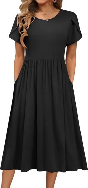 HOTOUCH Women's Summer Short Sleeve A-Line Midi Dresses Casual Floral T-Shirt Dress Flowy Beach Sundress with Pockets