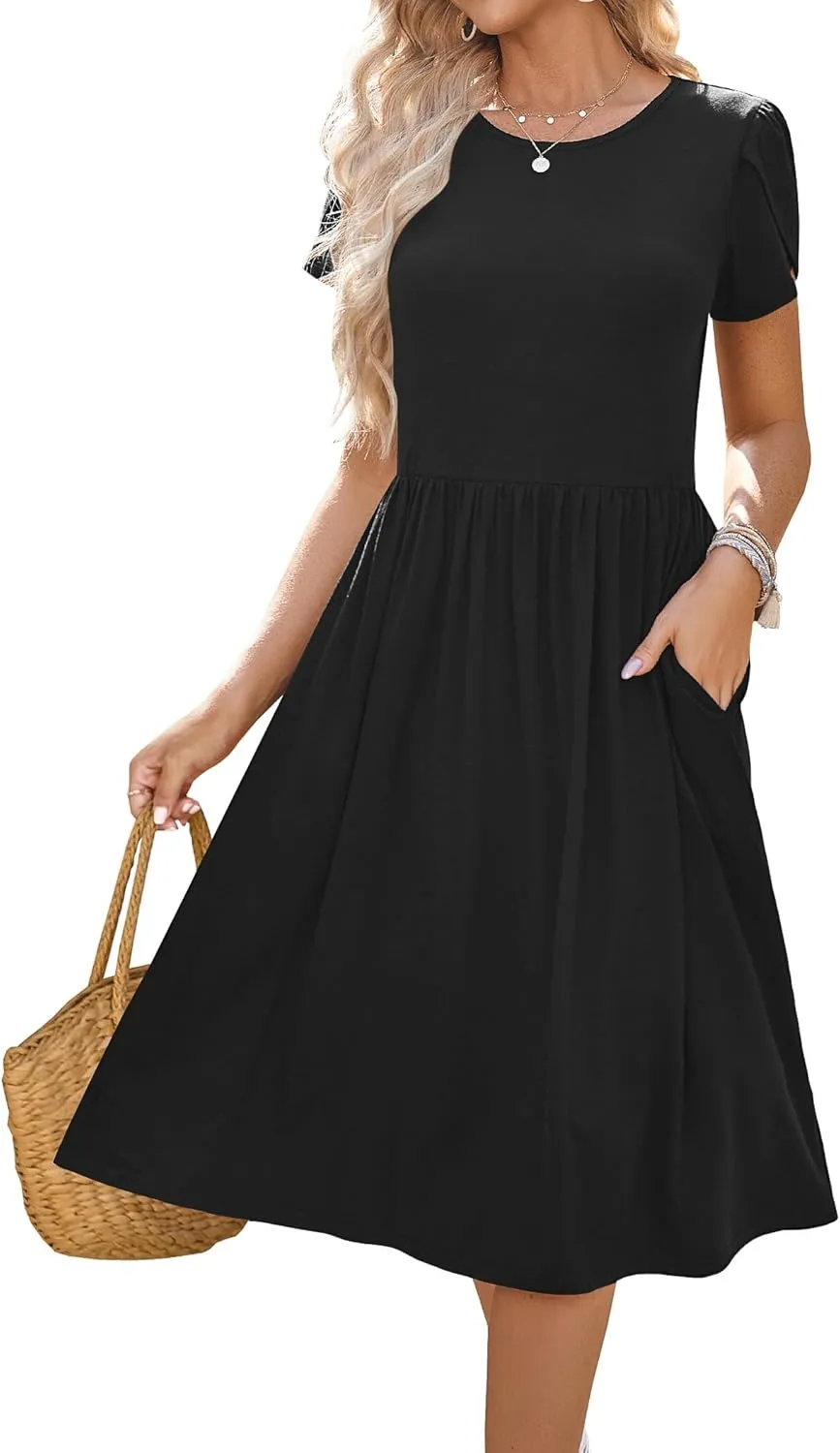 HOTOUCH Women's Summer Short Sleeve A-Line Midi Dresses Casual Floral T-Shirt Dress Flowy Beach Sundress with Pockets