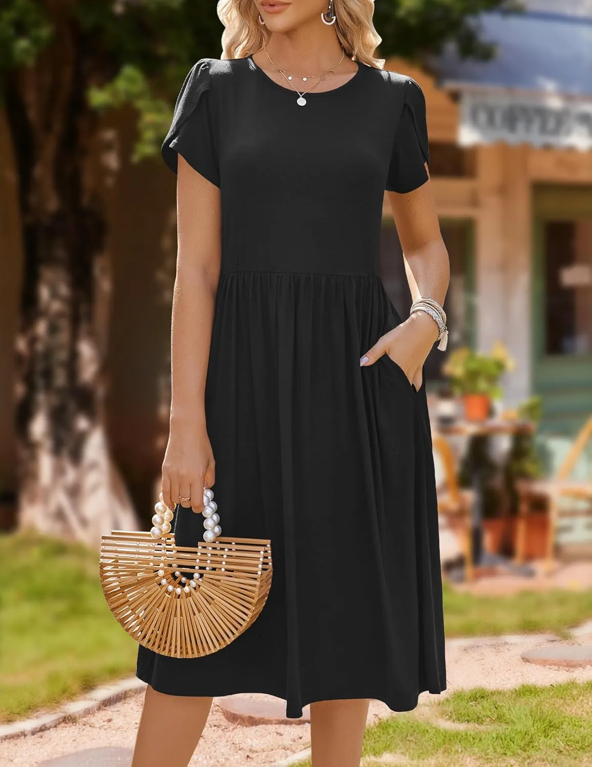 HOTOUCH Women's Summer Short Sleeve A-Line Midi Dresses Casual Floral T-Shirt Dress Flowy Beach Sundress with Pockets