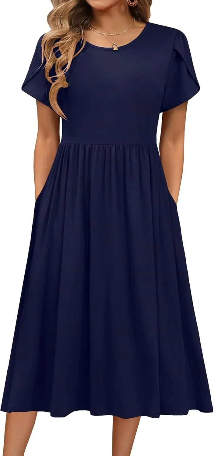 HOTOUCH Women's Summer Short Sleeve A-Line Midi Dresses Casual Floral T-Shirt Dress Flowy Beach Sundress with Pockets