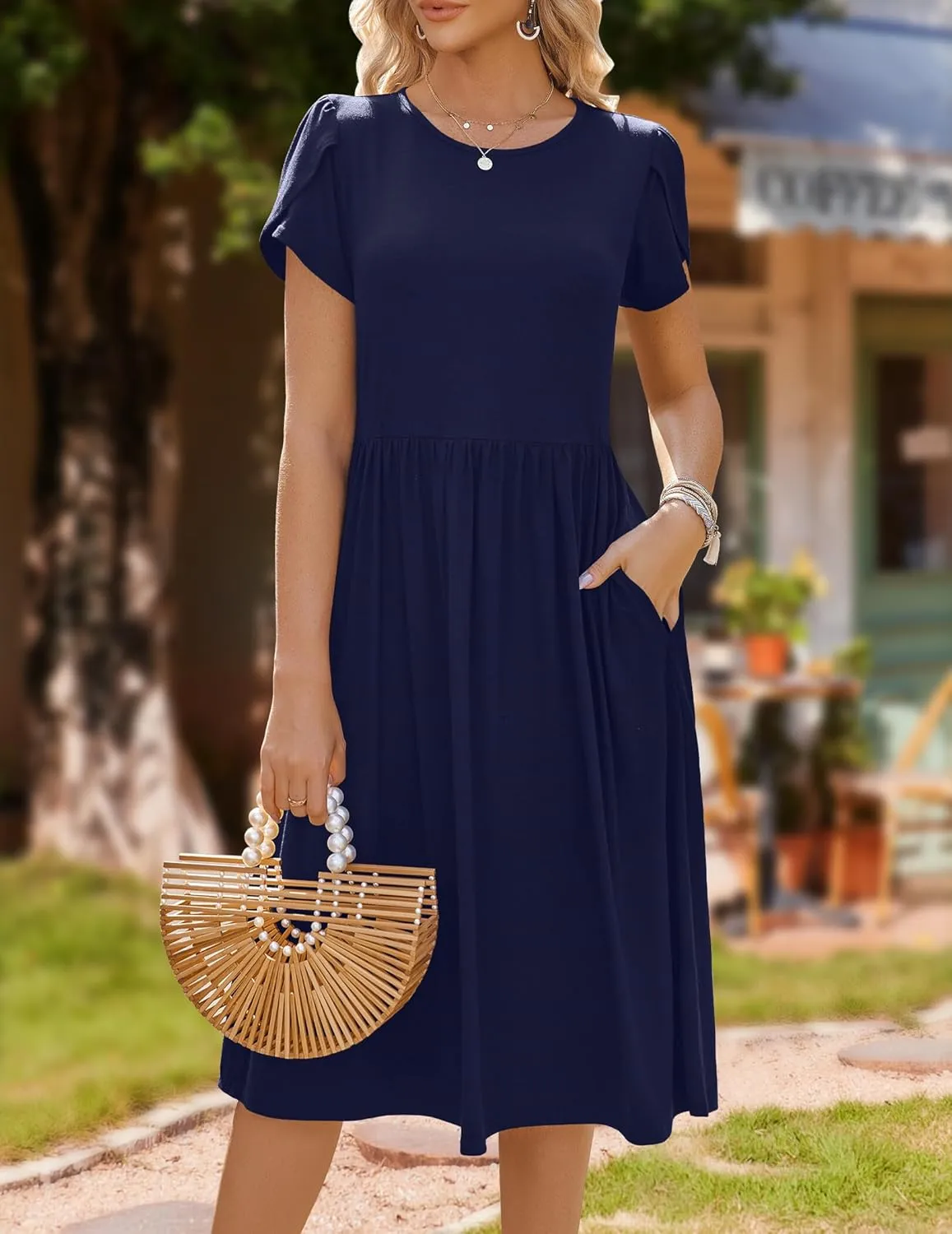 HOTOUCH Women's Summer Short Sleeve A-Line Midi Dresses Casual Floral T-Shirt Dress Flowy Beach Sundress with Pockets