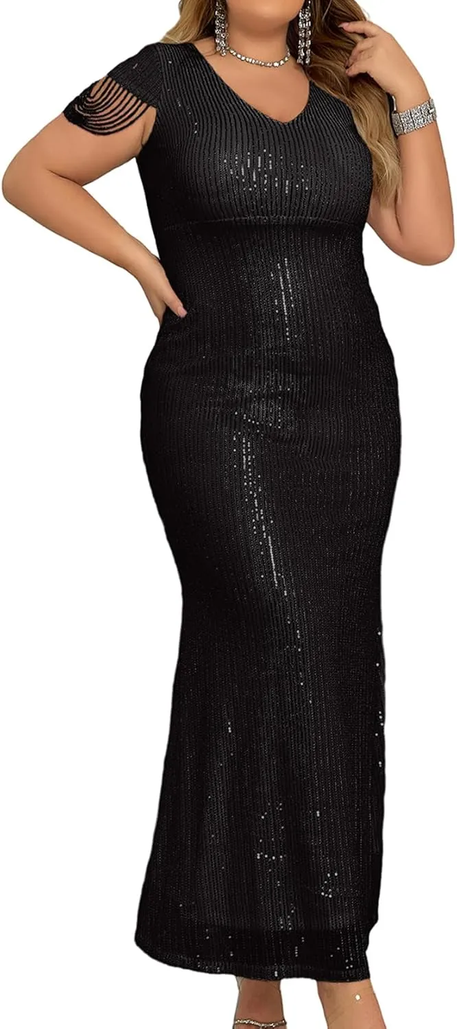 houstil Formal Dresses for Women Sequin 1920s Maxi Long Evening Gown Party Great Gatsby Cocktail Wedding Dress