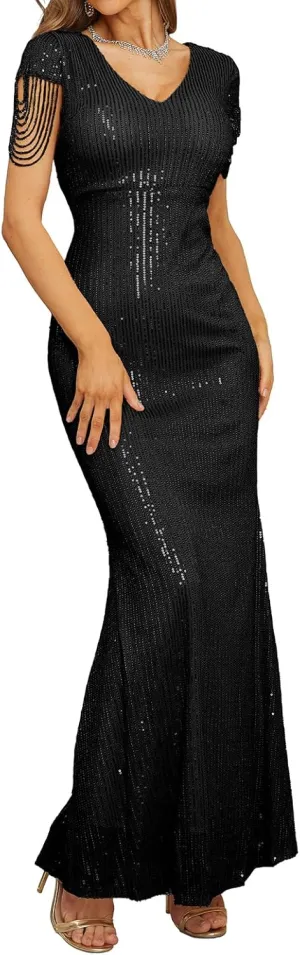 houstil Formal Dresses for Women Sequin 1920s Maxi Long Evening Gown Party Great Gatsby Cocktail Wedding Dress