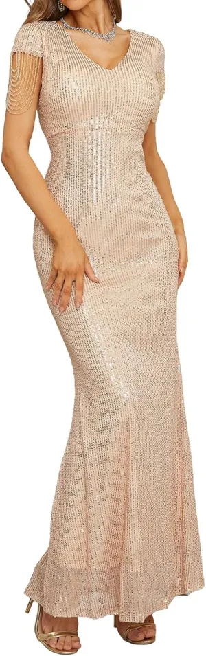 houstil Formal Dresses for Women Sequin 1920s Maxi Long Evening Gown Party Great Gatsby Cocktail Wedding Dress