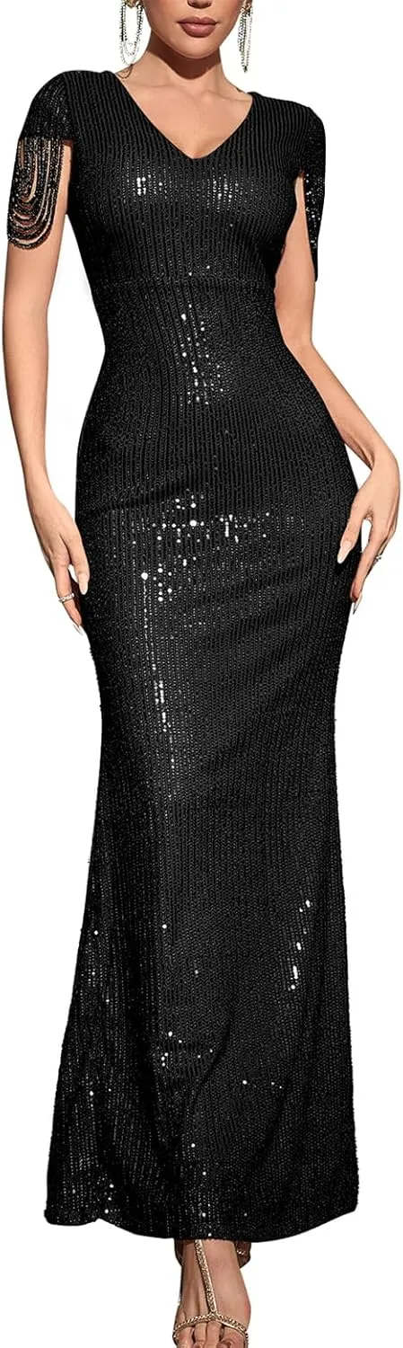 houstil Formal Dresses for Women Sequin 1920s Maxi Long Evening Gown Party Great Gatsby Cocktail Wedding Dress