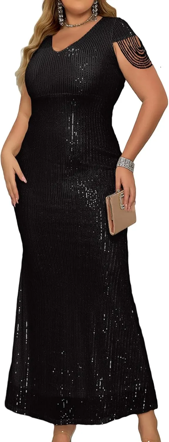 houstil Formal Dresses for Women Sequin 1920s Maxi Long Evening Gown Party Great Gatsby Cocktail Wedding Dress