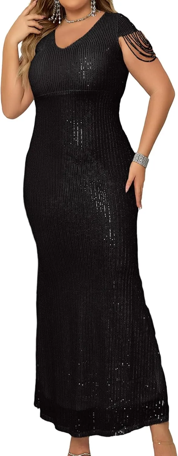houstil Formal Dresses for Women Sequin 1920s Maxi Long Evening Gown Party Great Gatsby Cocktail Wedding Dress