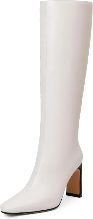 iiimmu Knee High Boots for Women 3.5 IN Block Heel Comfortable Tall Boots Square Toe Faux Leather Fall Boots