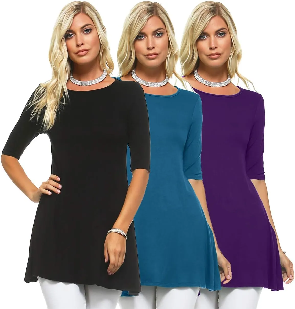 Isaac Liev Women's Tunic Top – 3 Pack Casual 3/4 Sleeve Basic Blouses T Shirts Tops Tee Dressy shirt Loose Fit T-shirt Tunics