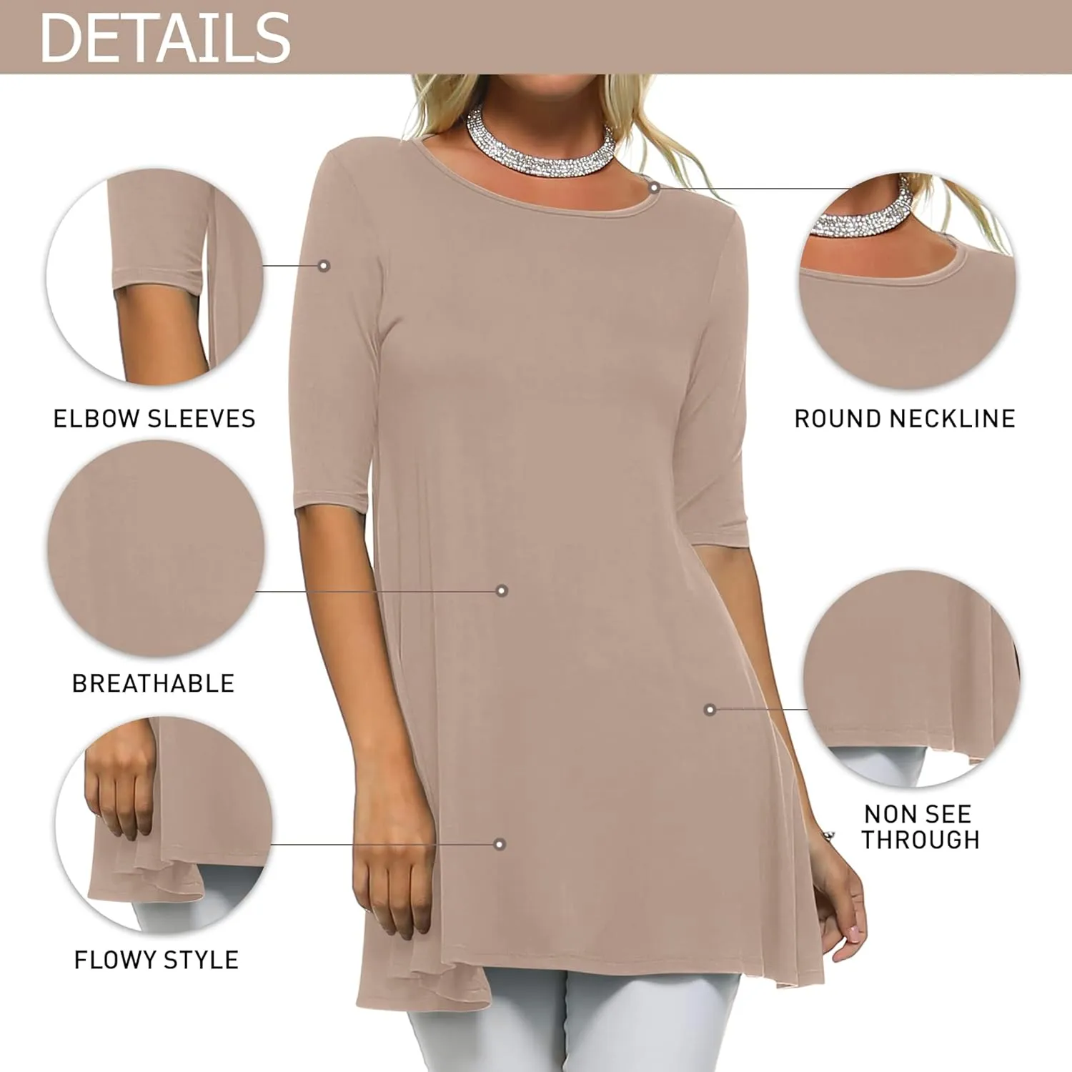 Isaac Liev Women's Tunic Top – 3 Pack Casual 3/4 Sleeve Basic Blouses T Shirts Tops Tee Dressy shirt Loose Fit T-shirt Tunics