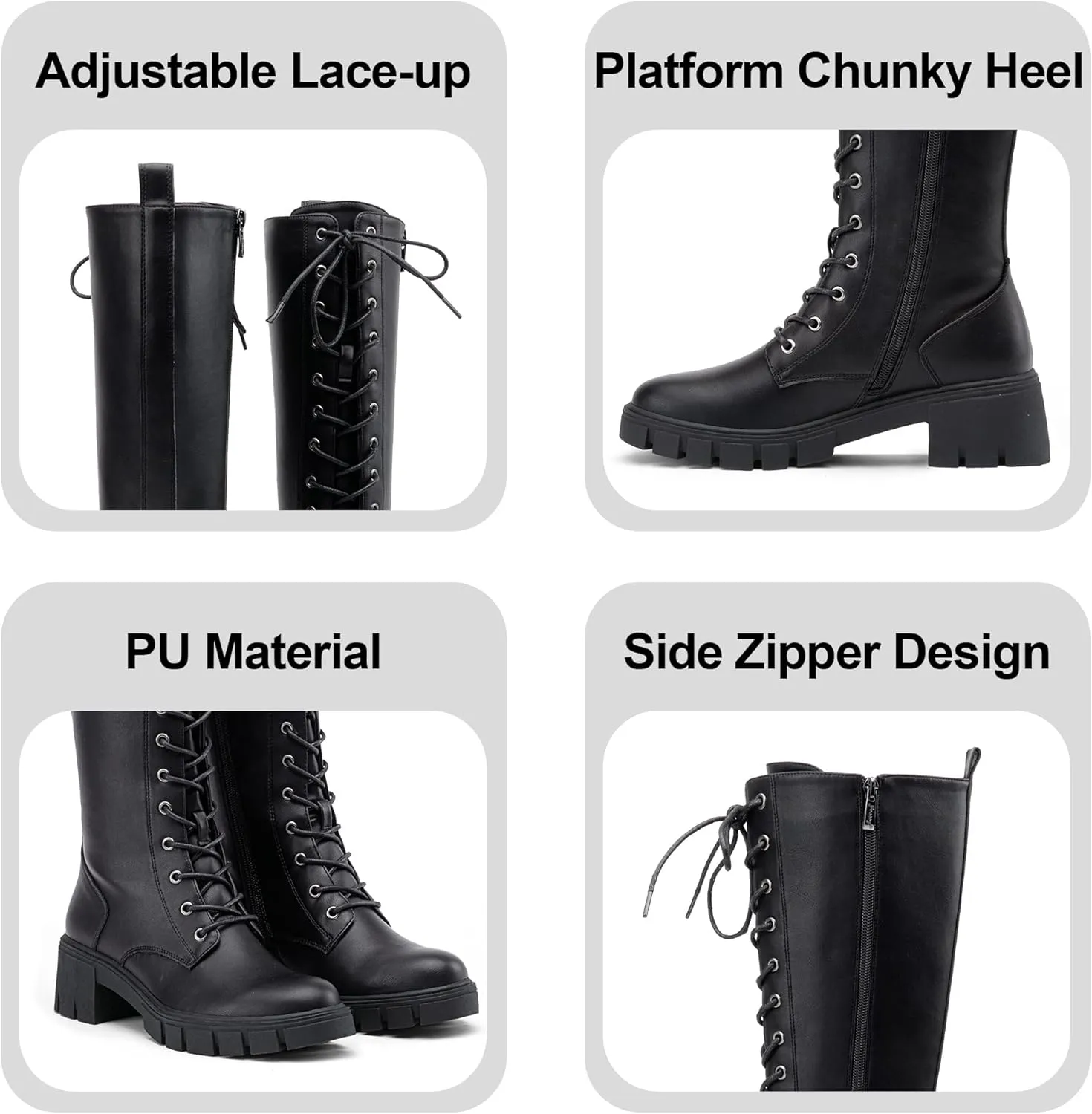 Jeossy Women's Knee High Combat 9603 Boots, Tall Platform Chunky Heel Boots Wide Claf