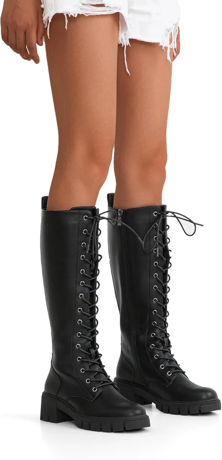 Jeossy Women's Knee High Combat 9603 Boots, Tall Platform Chunky Heel Boots Wide Claf