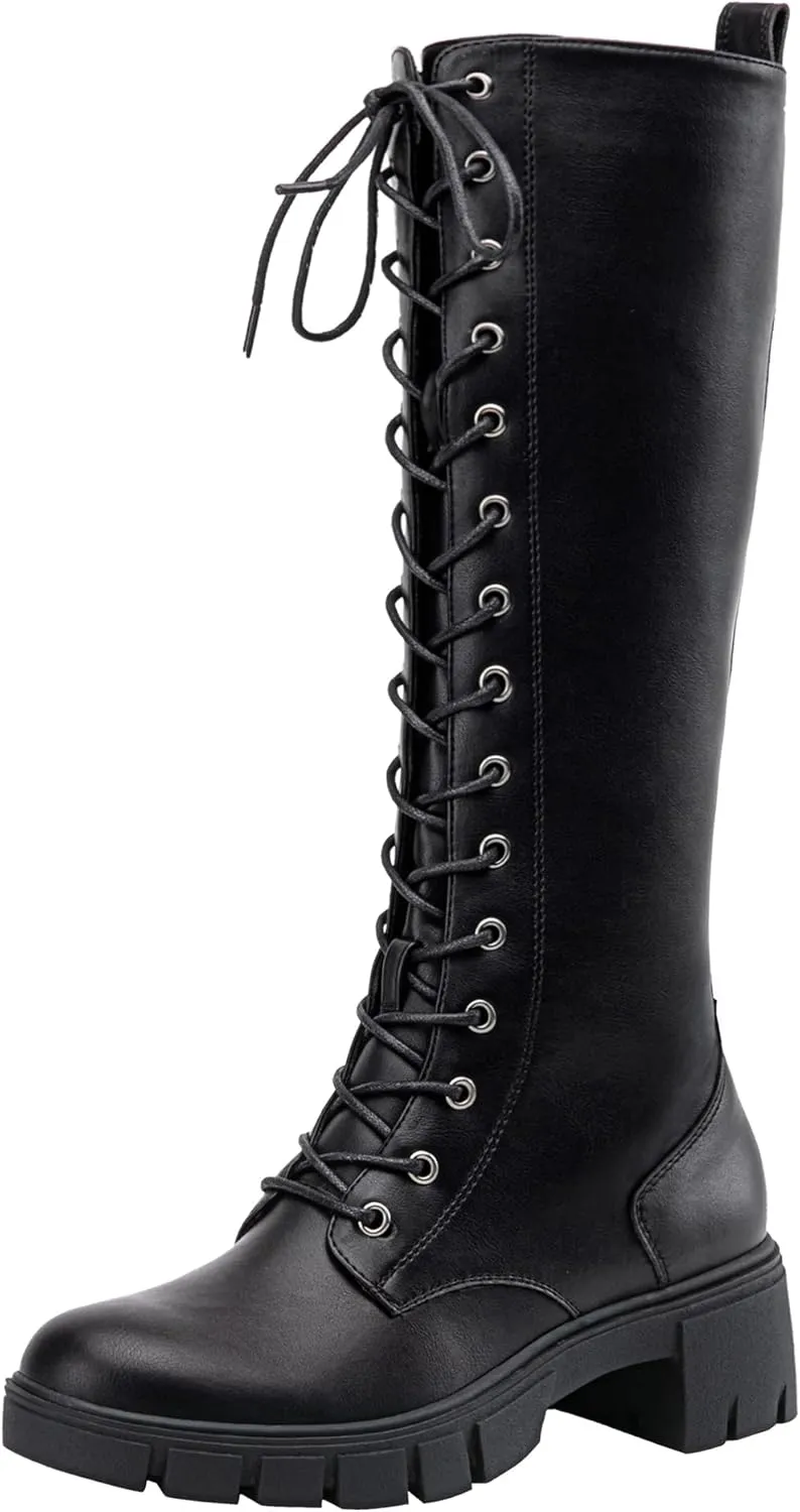 Jeossy Women's Knee High Combat 9603 Boots, Tall Platform Chunky Heel Boots Wide Claf