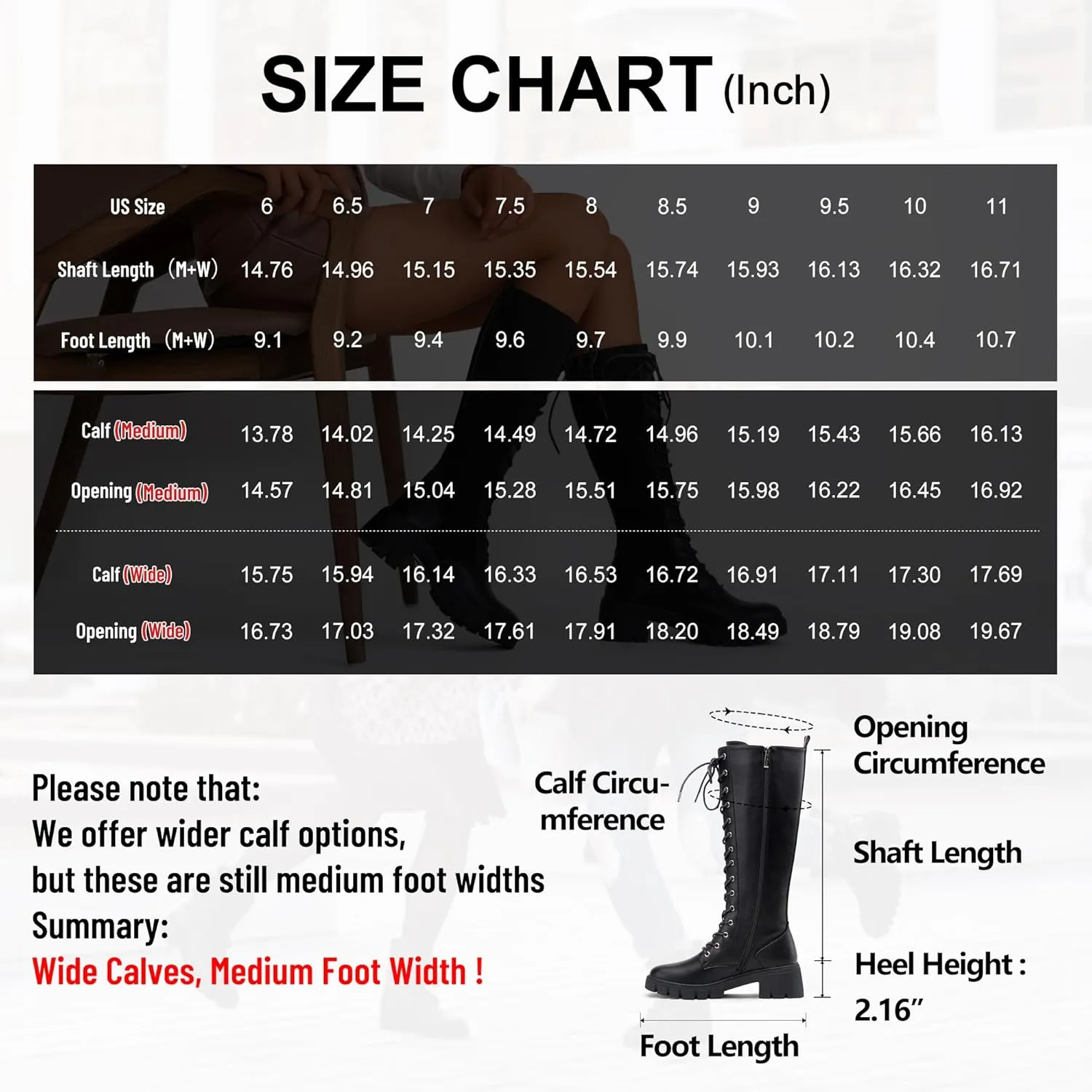 Jeossy Women's Knee High Combat 9603 Boots, Tall Platform Chunky Heel Boots Wide Claf