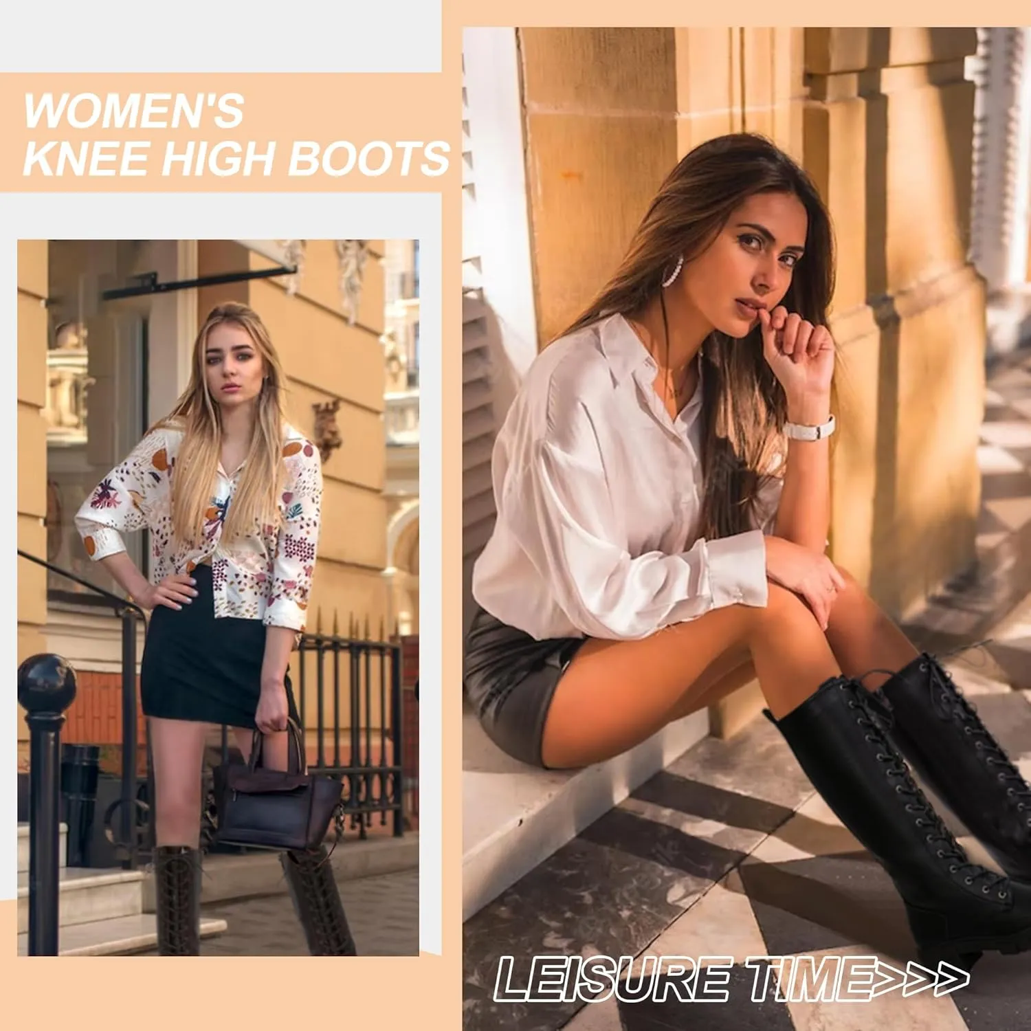 Jeossy Women's Knee High Combat 9603 Boots, Tall Platform Chunky Heel Boots Wide Claf