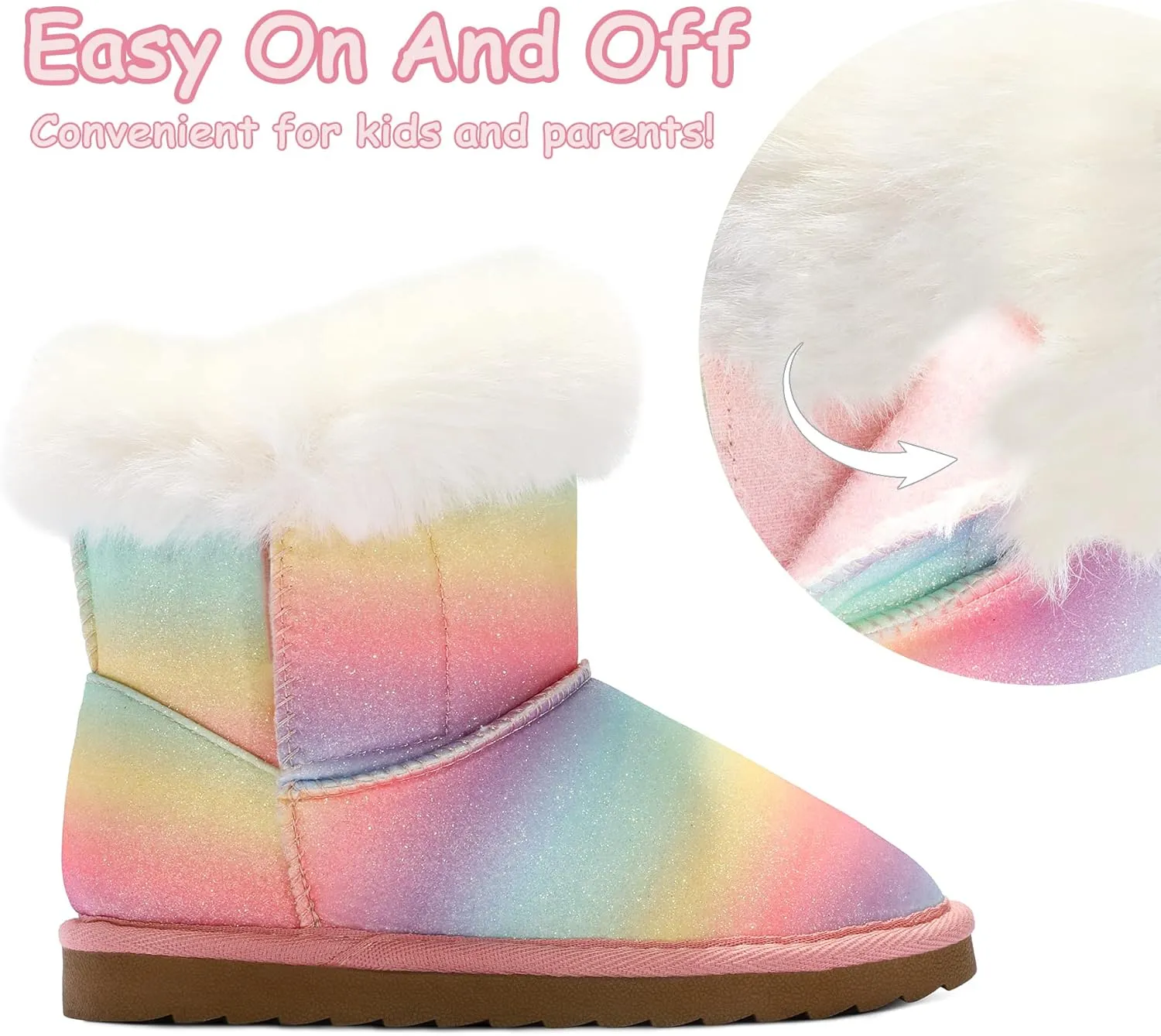 K KomForme Girls Snow Boots Warm Fur Lined Glitter Strap Winter Shoes Lightweight with Hook-and-loop(Toddler/Little Kids/Big Kids)