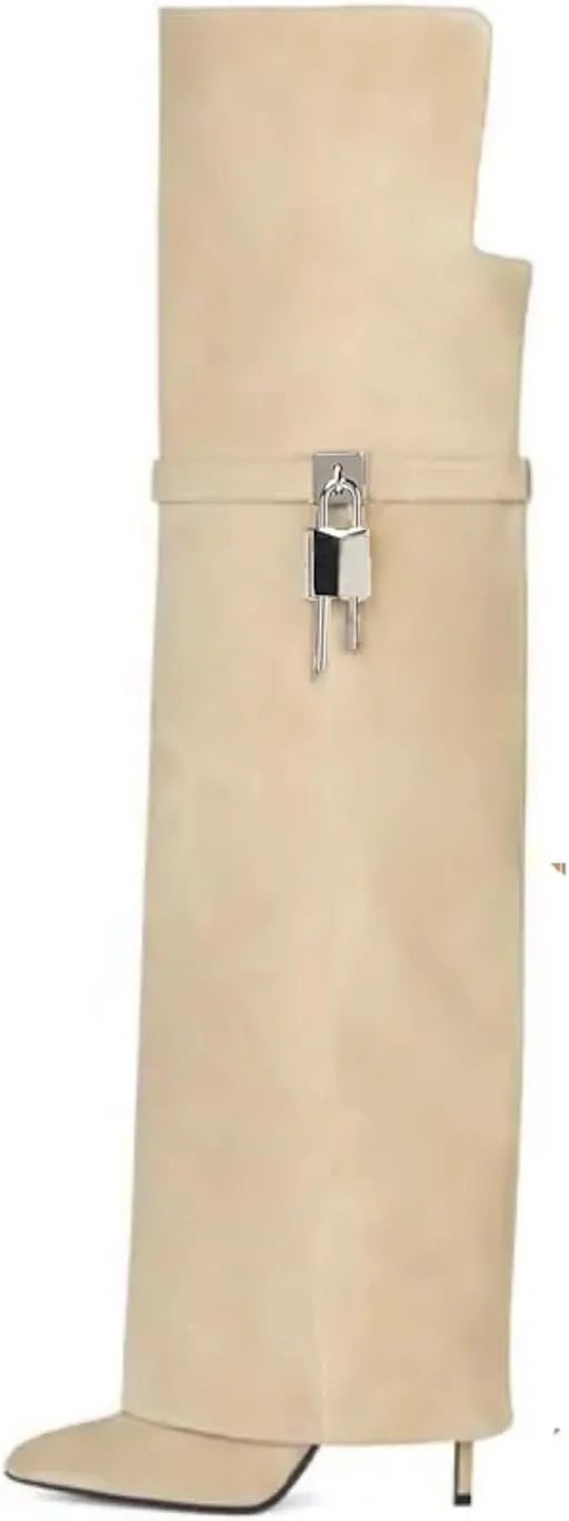keleimusi Fold Over Thigh High Over the Knee Boots For Women Pointed Toe Stilettos High Heel Padlock Boots Wide Calf Pull-on Fashion Dress Boots