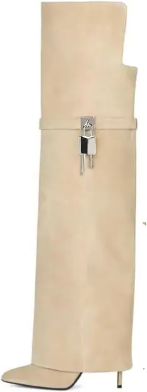 keleimusi Fold Over Thigh High Over the Knee Boots For Women Pointed Toe Stilettos High Heel Padlock Boots Wide Calf Pull-on Fashion Dress Boots