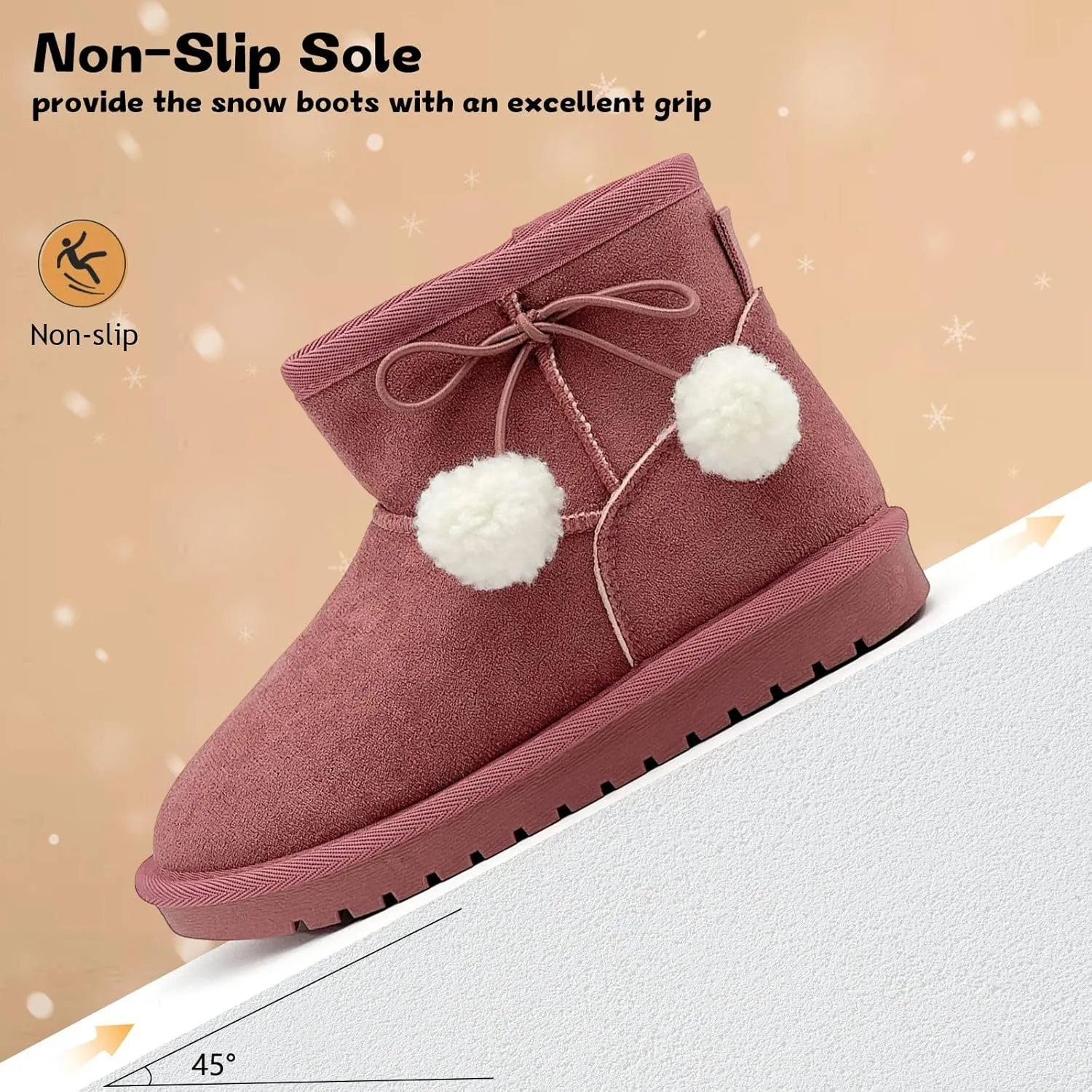 Kids Snow Boots Girls Boys Outdoor Warm Slip On Fur Lining Lightweight Anti-Slip Winter Shoes