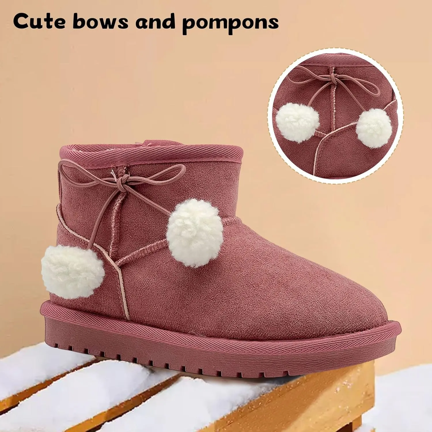Kids Snow Boots Girls Boys Outdoor Warm Slip On Fur Lining Lightweight Anti-Slip Winter Shoes