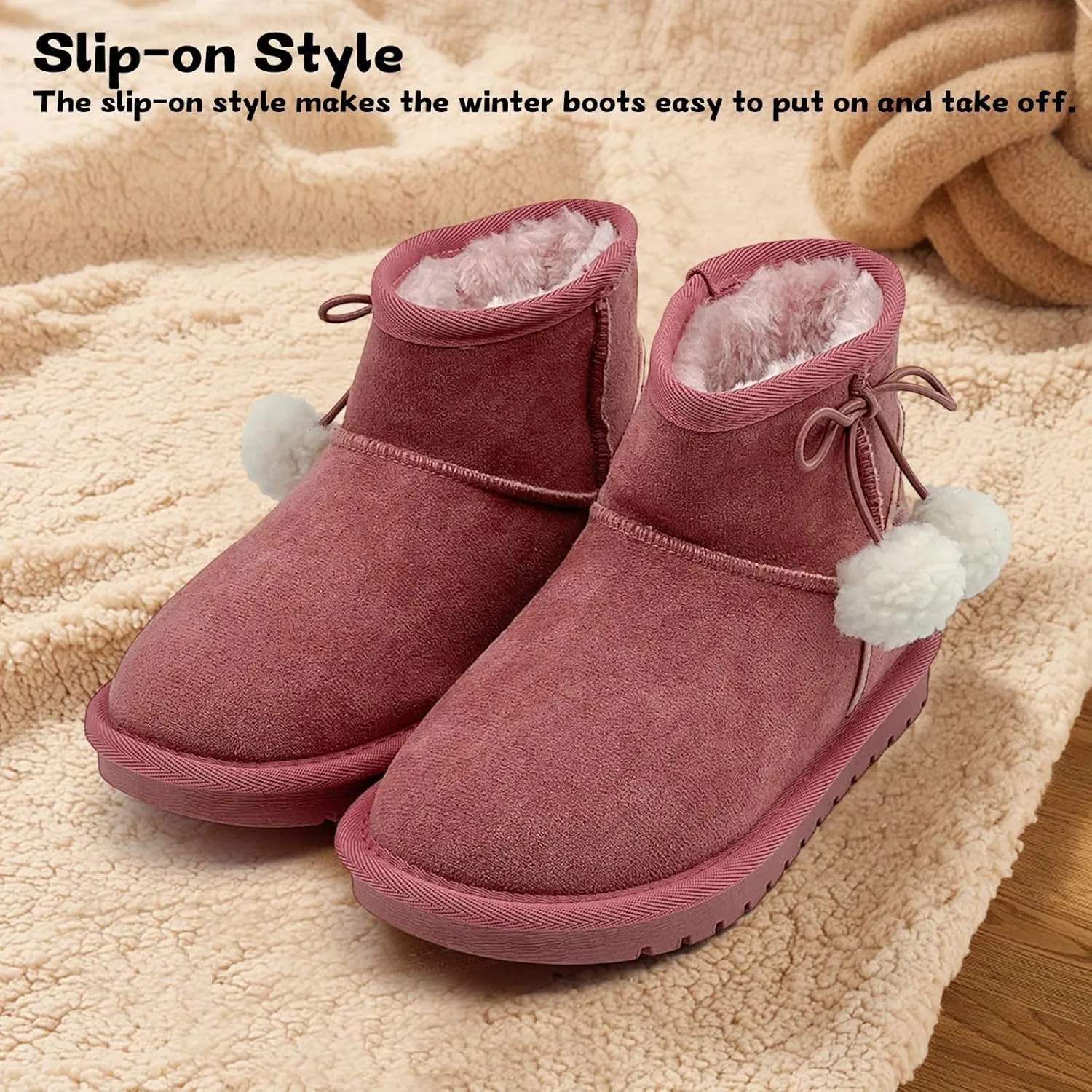 Kids Snow Boots Girls Boys Outdoor Warm Slip On Fur Lining Lightweight Anti-Slip Winter Shoes