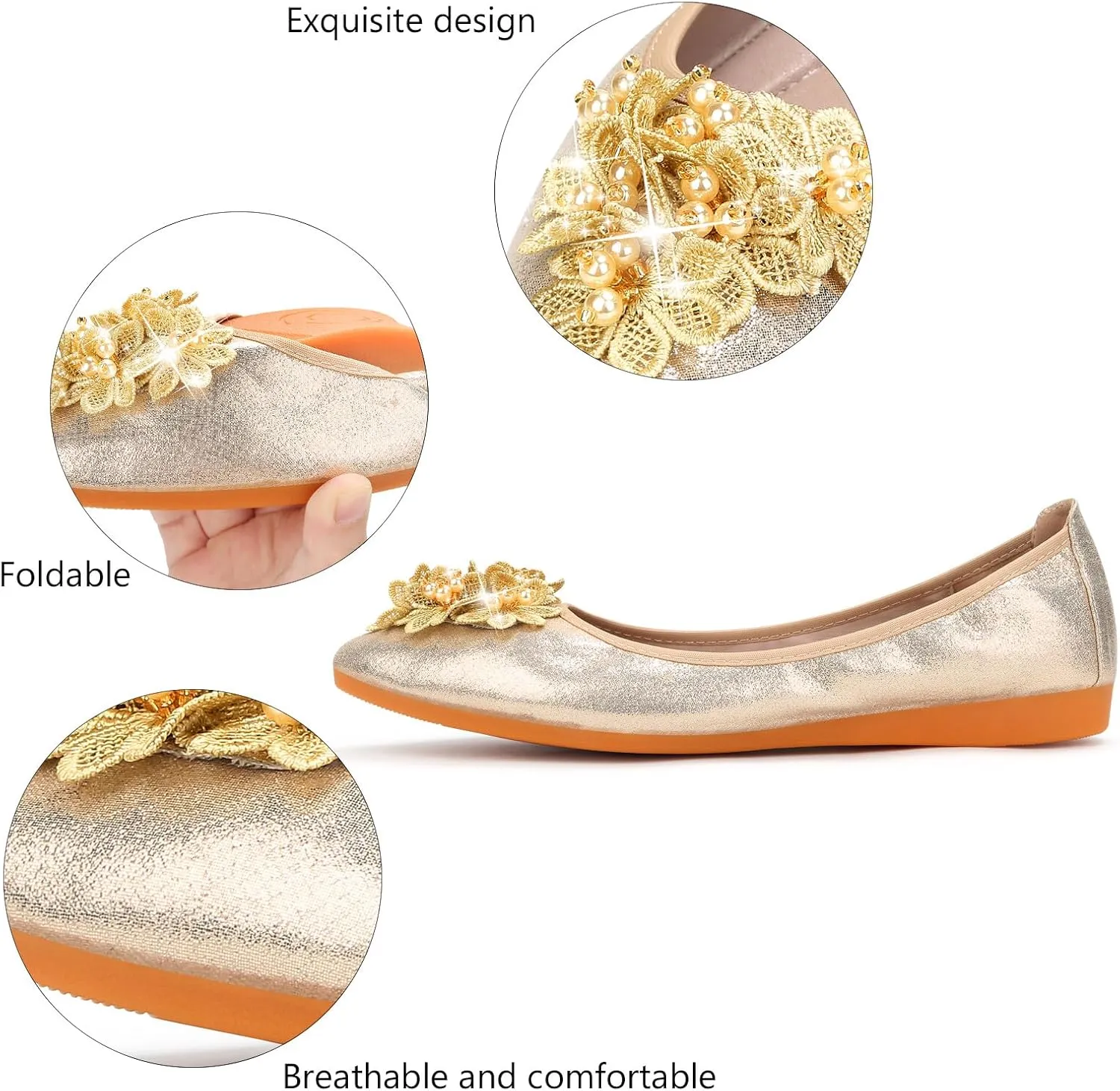 KUNWFNIX Women's Ballet Flats Foldable Classic Crown Rhinestone Slip On Flowers PU Leather Pointed Toe Comfort Flat Casual Dress Shoes