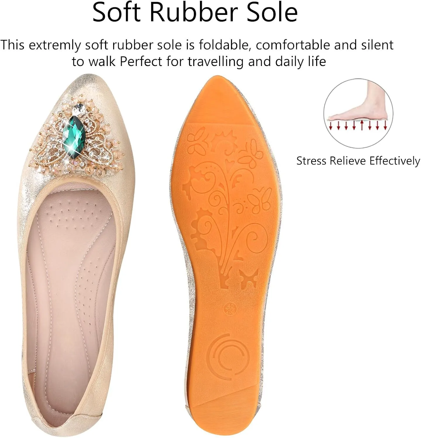 KUNWFNIX Women's Ballet Flats Foldable Classic Crown Rhinestone Slip On Flowers PU Leather Pointed Toe Comfort Flat Casual Dress Shoes