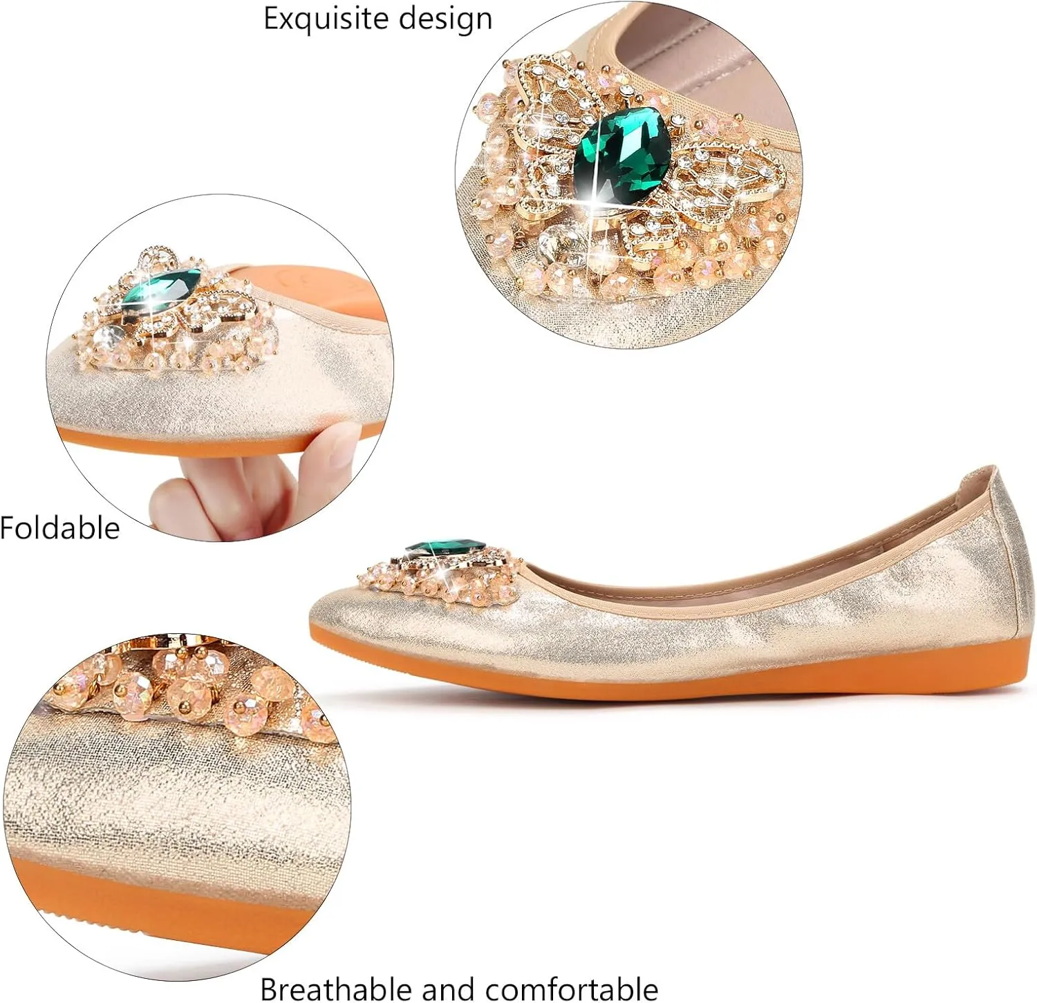 KUNWFNIX Women's Ballet Flats Foldable Classic Crown Rhinestone Slip On Flowers PU Leather Pointed Toe Comfort Flat Casual Dress Shoes