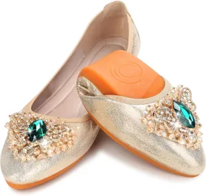 KUNWFNIX Women's Ballet Flats Foldable Classic Crown Rhinestone Slip On Flowers PU Leather Pointed Toe Comfort Flat Casual Dress Shoes