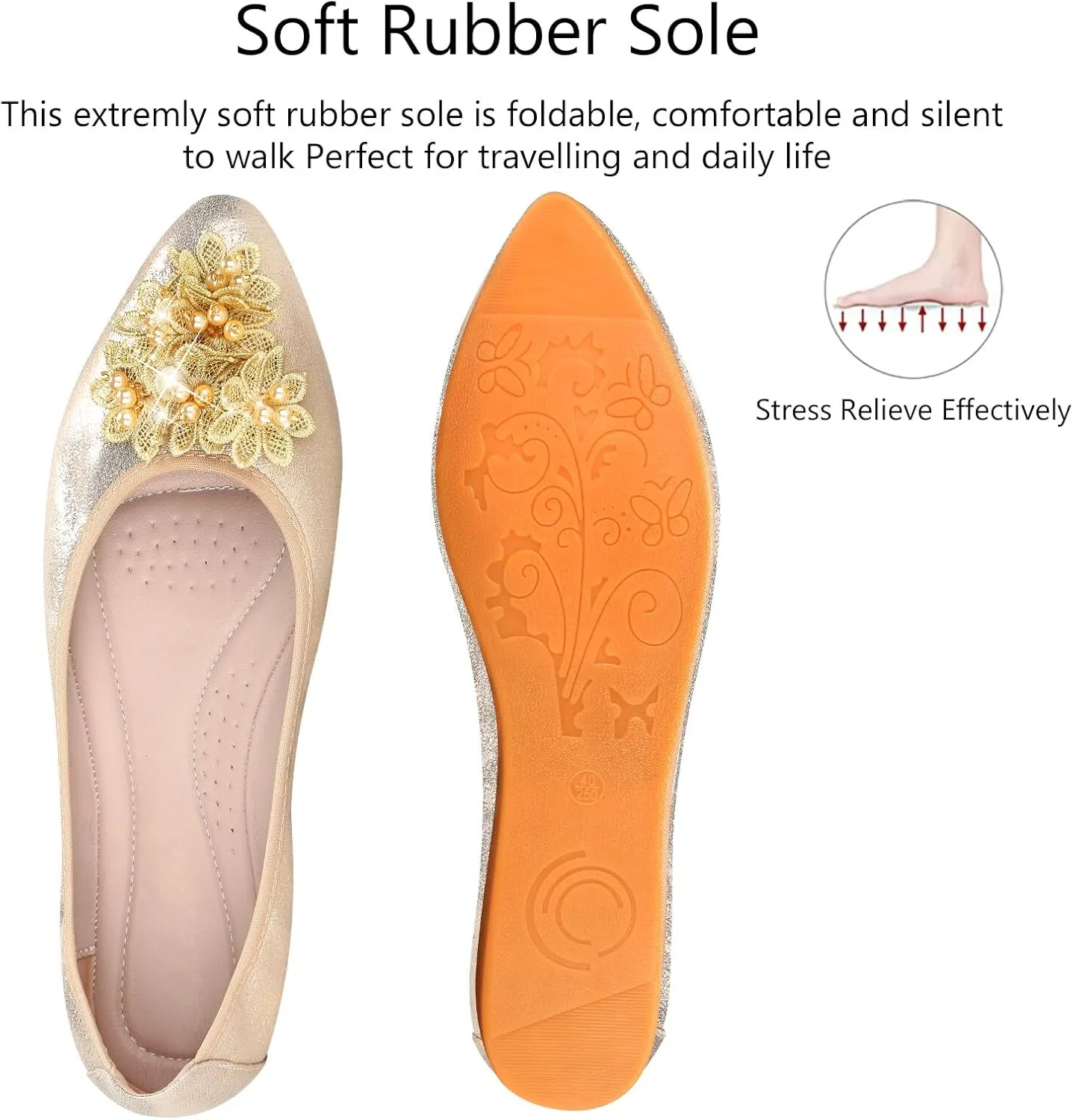 KUNWFNIX Women's Ballet Flats Foldable Classic Crown Rhinestone Slip On Flowers PU Leather Pointed Toe Comfort Flat Casual Dress Shoes