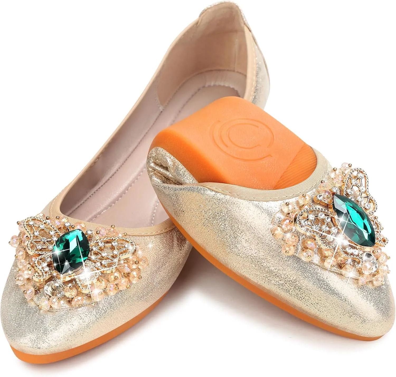 KUNWFNIX Women's Ballet Flats Foldable Classic Crown Rhinestone Slip On Flowers PU Leather Pointed Toe Comfort Flat Casual Dress Shoes