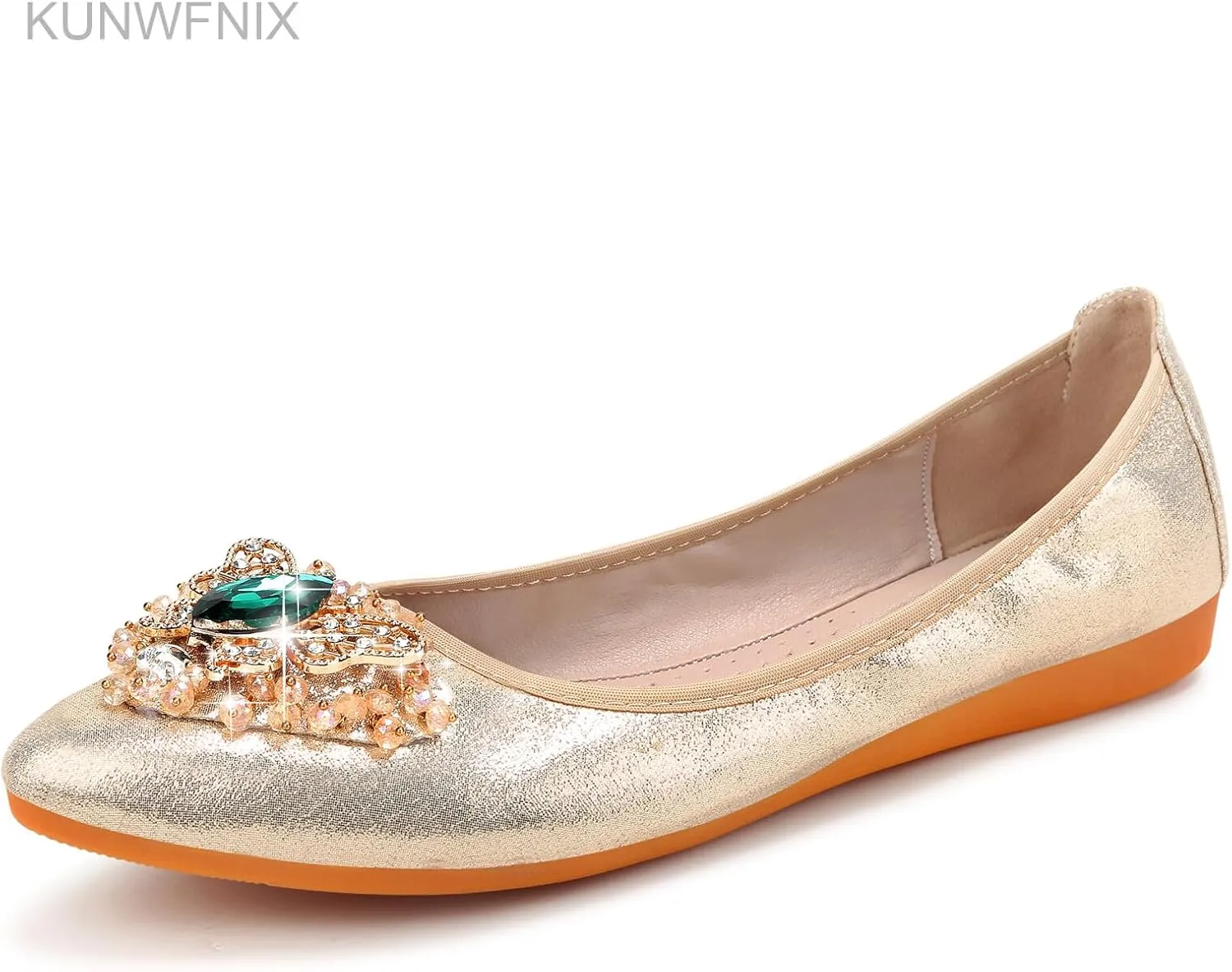 KUNWFNIX Women's Ballet Flats Foldable Classic Crown Rhinestone Slip On Flowers PU Leather Pointed Toe Comfort Flat Casual Dress Shoes