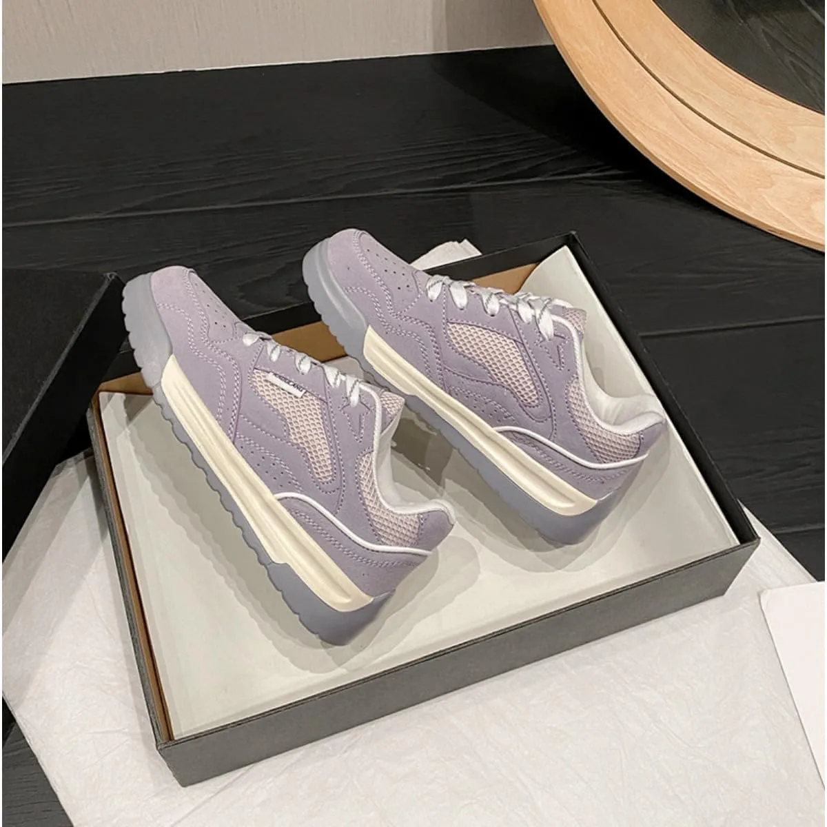 Lavender Mesh Sneakers for Women - Breathable Retro Athletic Shoes with Two-Tone Platform Sole, Comfortable Suede Casual Walking Shoes