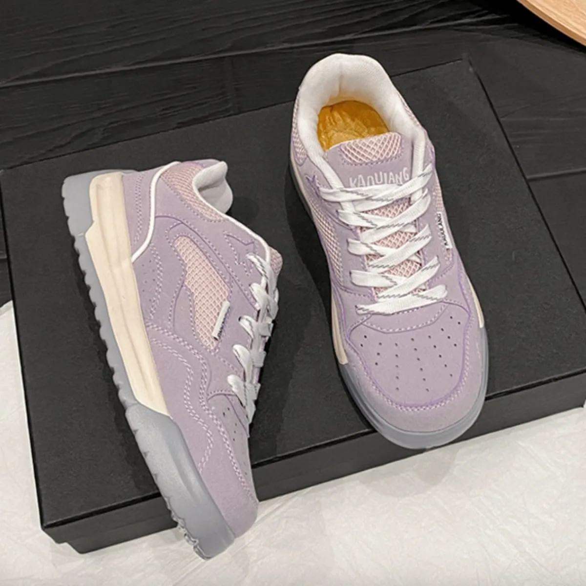 Lavender Mesh Sneakers for Women - Breathable Retro Athletic Shoes with Two-Tone Platform Sole, Comfortable Suede Casual Walking Shoes