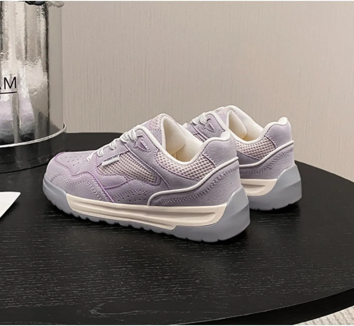 Lavender Mesh Sneakers for Women - Breathable Retro Athletic Shoes with Two-Tone Platform Sole, Comfortable Suede Casual Walking Shoes
