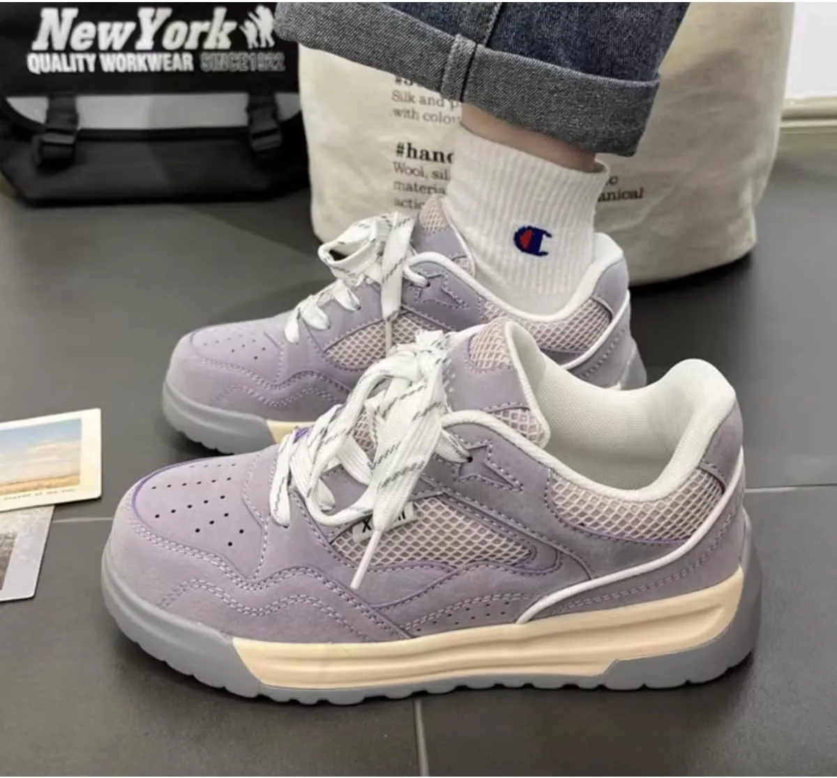Lavender Mesh Sneakers for Women - Breathable Retro Athletic Shoes with Two-Tone Platform Sole, Comfortable Suede Casual Walking Shoes