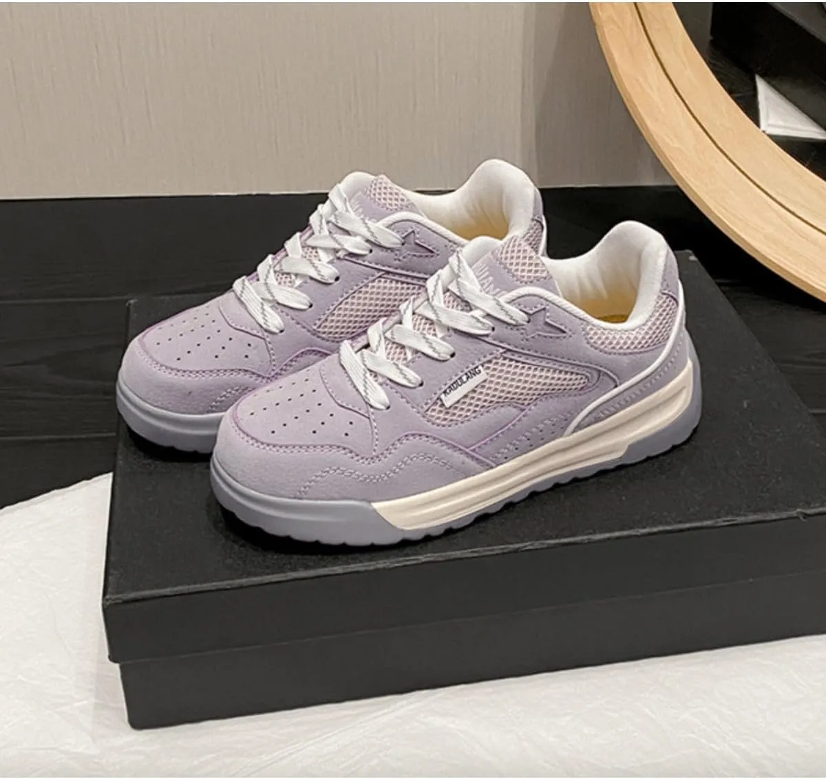 Lavender Mesh Sneakers for Women - Breathable Retro Athletic Shoes with Two-Tone Platform Sole, Comfortable Suede Casual Walking Shoes