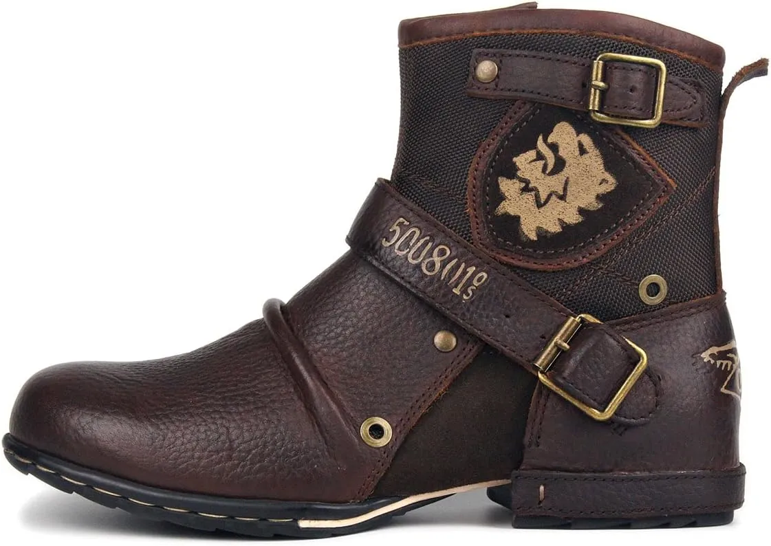 Leather Casual Motorcycle Combat Hiking Dress Ankle Boots for Men with Side Zipper