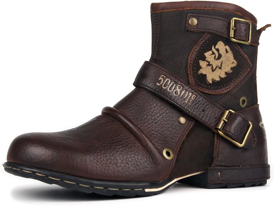 Leather Casual Motorcycle Combat Hiking Dress Ankle Boots for Men with Side Zipper